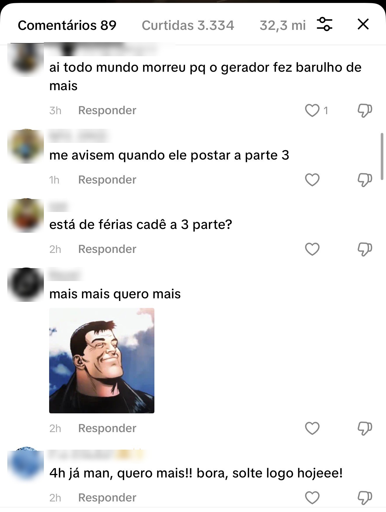 Comentário real de seguidor pedindo a próxima parte da série
