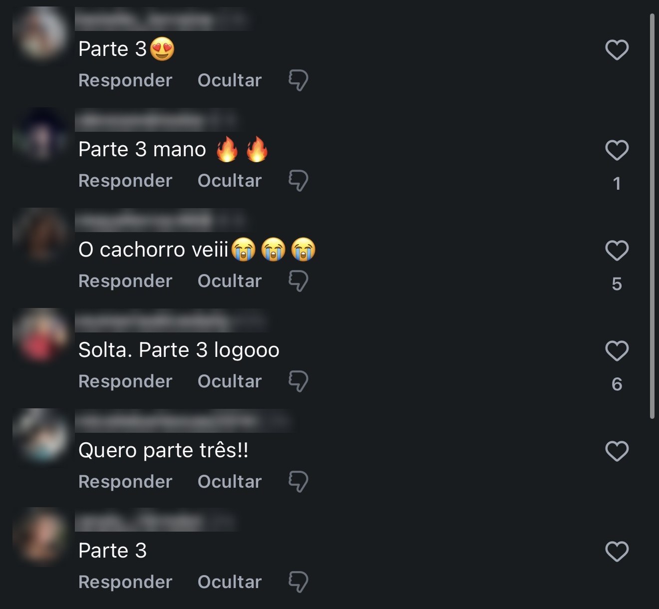 Comentário real de seguidor pedindo a próxima parte da série